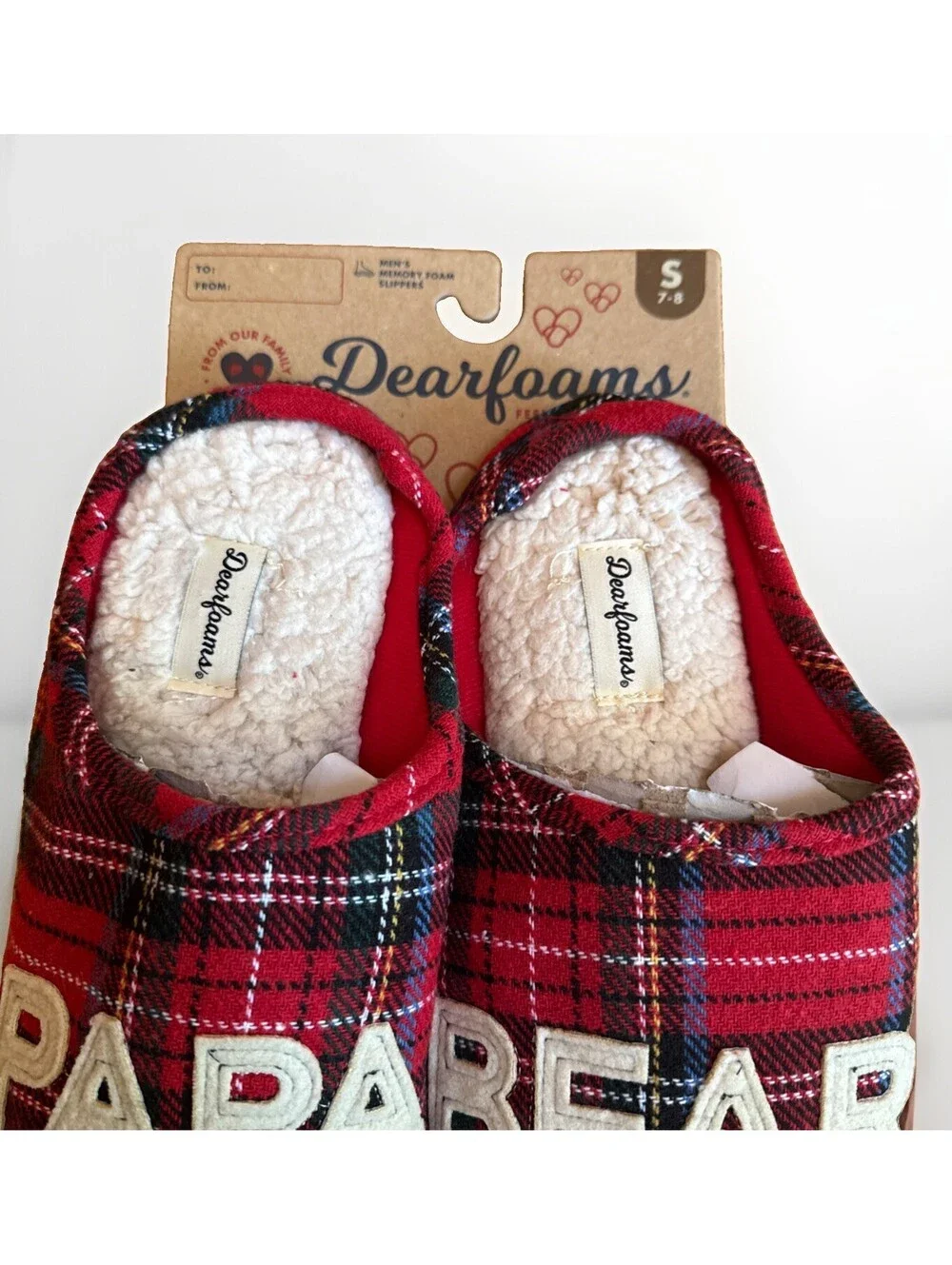 NWT NEW Dearfoams Red Plaid Papa Bear Memory Foam House Slippers Men’s Small 7 8